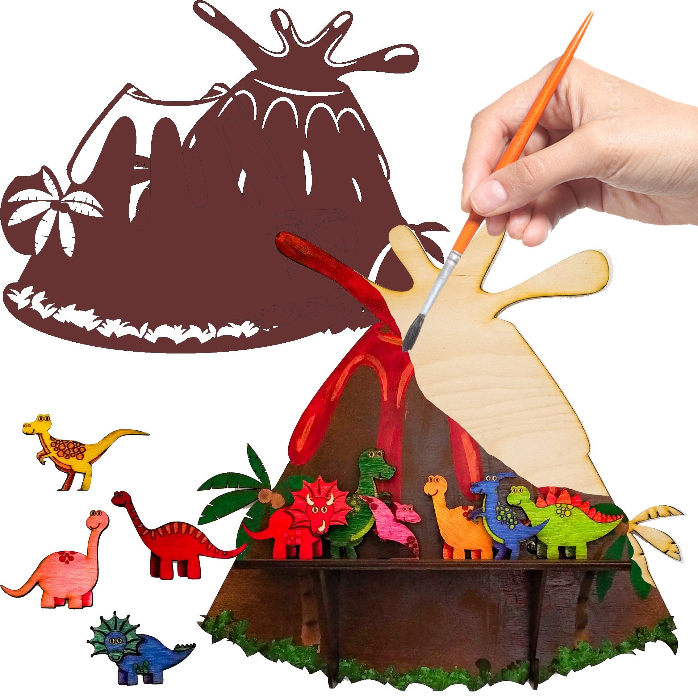 Volcano Paintable Shelf + 10 dinosaurs | STENCILS INCLUDED + How-To Video